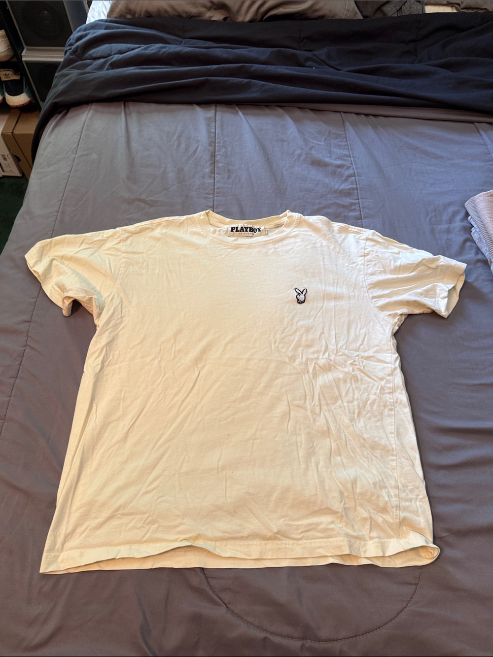PLAYBOY Off-White Short Sleeve Crew Neck Tee with Bunny Patch